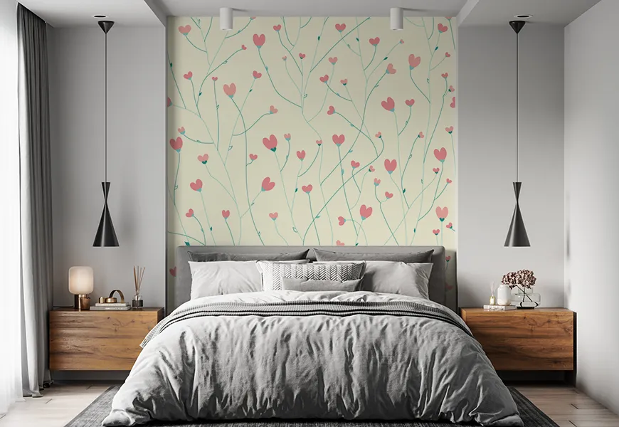 کاغذ دیواری 3 بعدی اتاق خواب عروس و داماد طرح قلب های قرمز